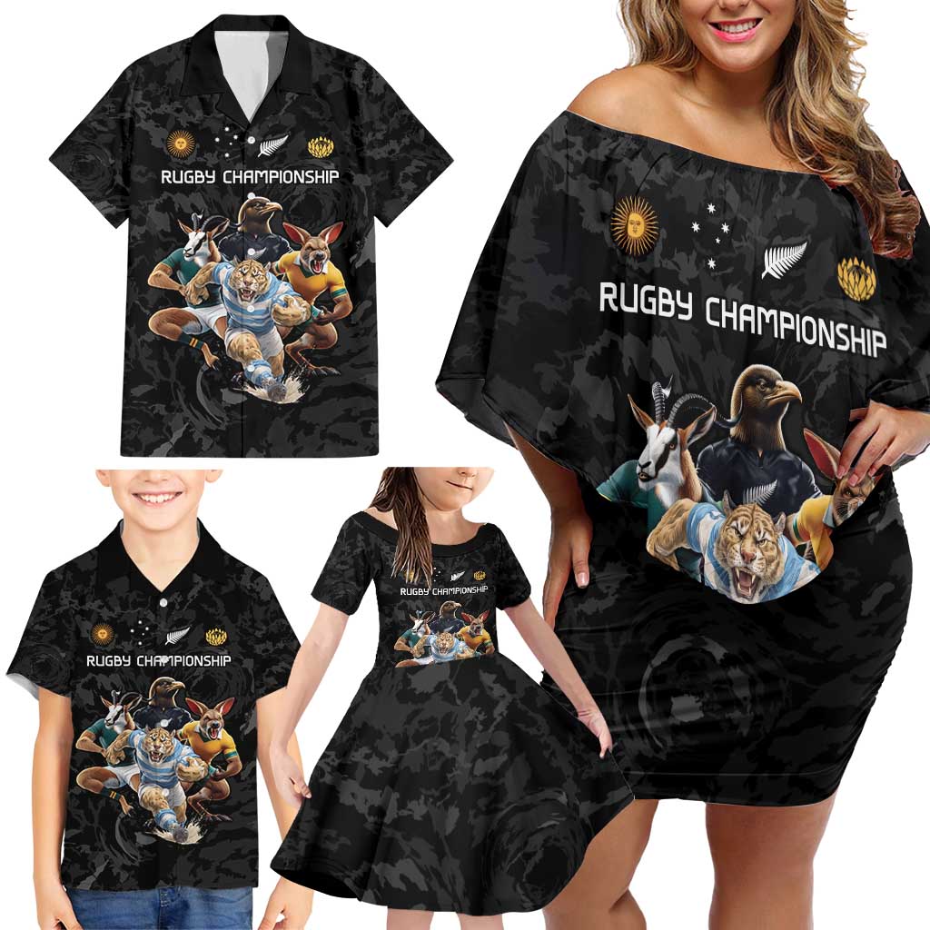 Custom Rugby Southern Hemisphere Family Matching Off Shoulder Short Dress and Hawaiian Shirt Argentina AUNZ South Africa Mascot Black LT9 - Polynesian Pride