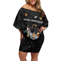 Custom Rugby Southern Hemisphere Family Matching Off Shoulder Short Dress and Hawaiian Shirt Argentina AUNZ South Africa Mascot Black LT9 Mom's Dress Black - Polynesian Pride