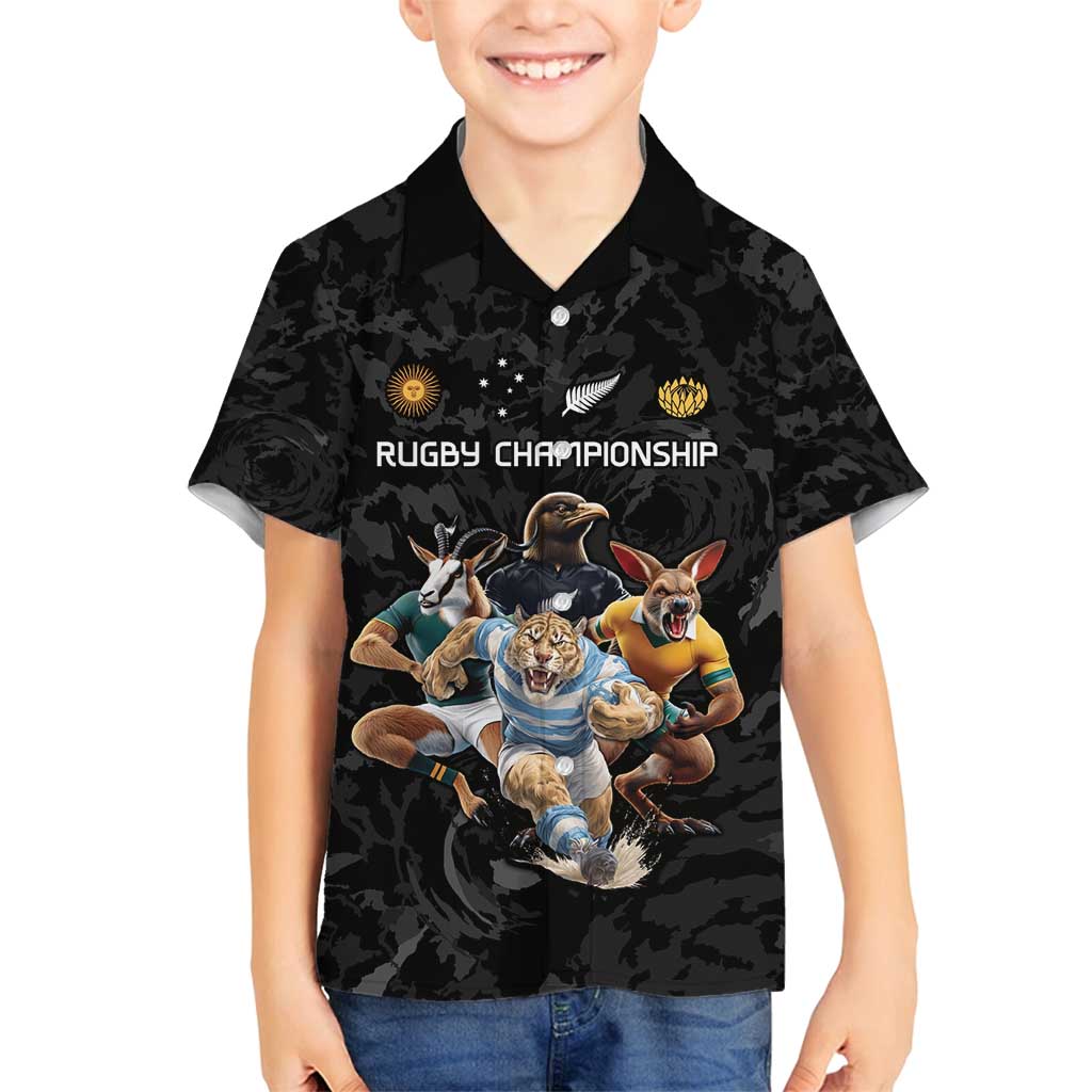 Custom Rugby Southern Hemisphere Family Matching Off Shoulder Short Dress and Hawaiian Shirt Argentina AUNZ South Africa Mascot Black LT9 Son's Shirt Black - Polynesian Pride