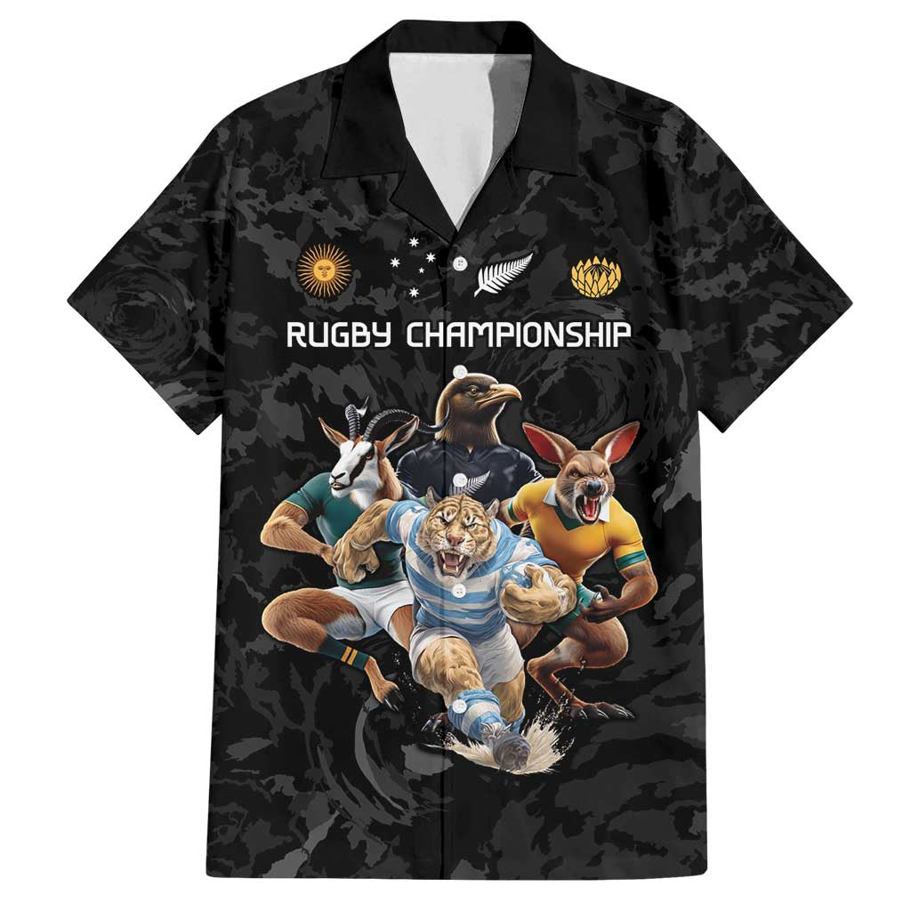 Custom Rugby Southern Hemisphere Family Matching Puletasi and Hawaiian Shirt Argentina AUNZ South Africa Mascot Black - Polynesian Pride