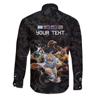 Custom Rugby Southern Hemisphere Family Matching Short Sleeve Bodycon Dress and Hawaiian Shirt Argentina AUNZ South Africa Mascot Black LT9 - Polynesian Pride