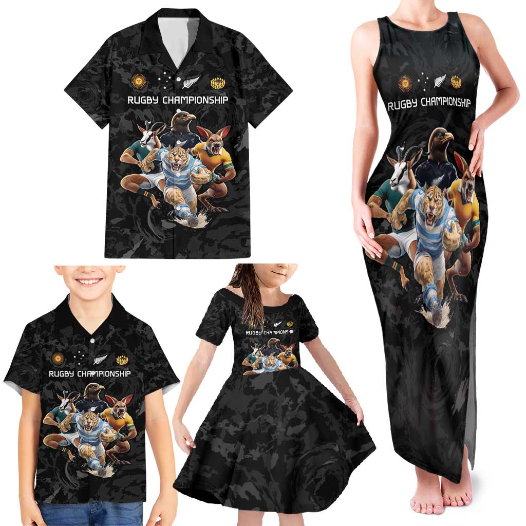 Custom Rugby Southern Hemisphere Family Matching Tank Maxi Dress and Hawaiian Shirt Argentina AUNZ South Africa Mascot Black LT9 - Polynesian Pride