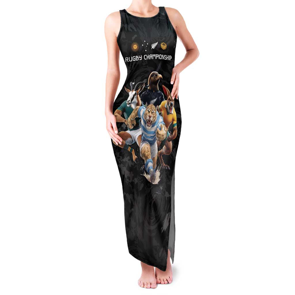 Custom Rugby Southern Hemisphere Family Matching Tank Maxi Dress and Hawaiian Shirt Argentina AUNZ South Africa Mascot Black LT9 Mom's Dress Black - Polynesian Pride
