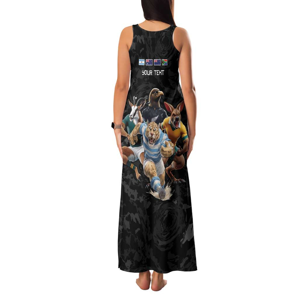 Custom Rugby Southern Hemisphere Family Matching Tank Maxi Dress and Hawaiian Shirt Argentina AUNZ South Africa Mascot Black LT9 - Polynesian Pride