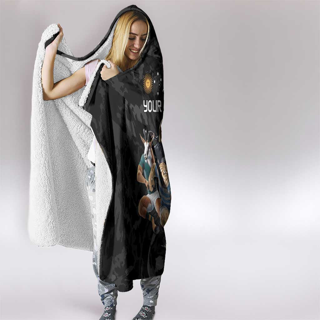 Custom Rugby Southern Hemisphere Hooded Blanket Argentina AUNZ South Africa Mascot Black - Polynesian Pride