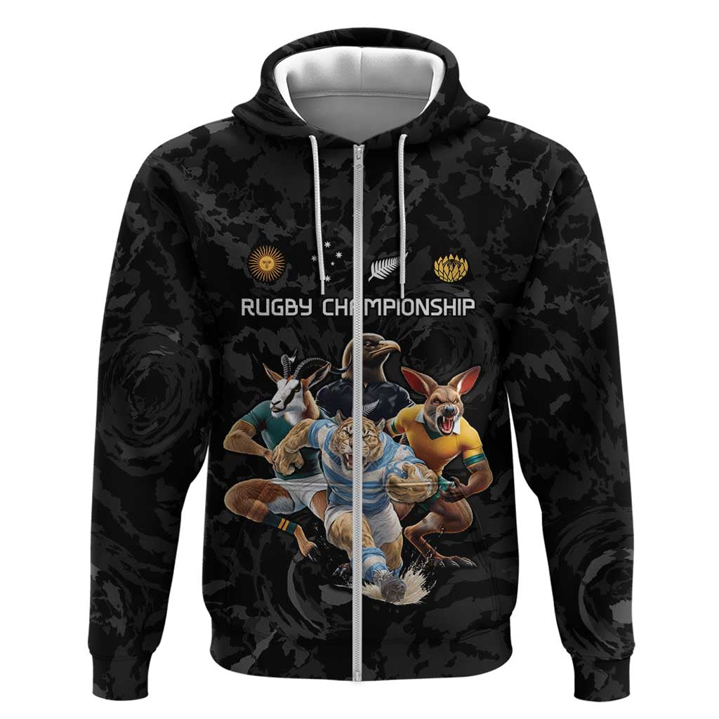 Custom Rugby Southern Hemisphere Hoodie Argentina AUNZ South Africa Mascot Black LT9 Zip Hoodie Black - Polynesian Pride
