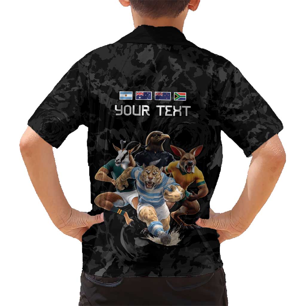 Custom Rugby Southern Hemisphere Kid Hawaiian Shirt Argentina AUNZ South Africa Mascot Black - Polynesian Pride