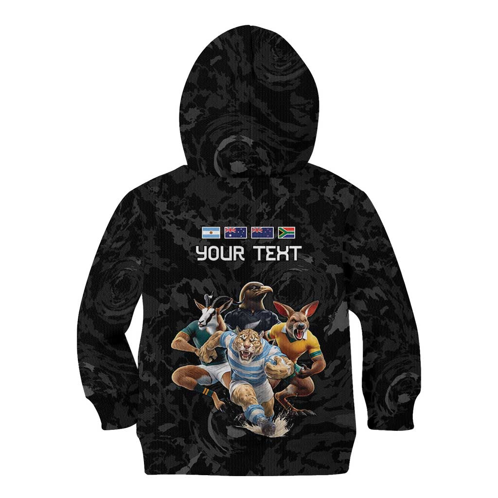 Custom Rugby Southern Hemisphere Kid Hoodie Argentina AUNZ South Africa Mascot Black - Polynesian Pride