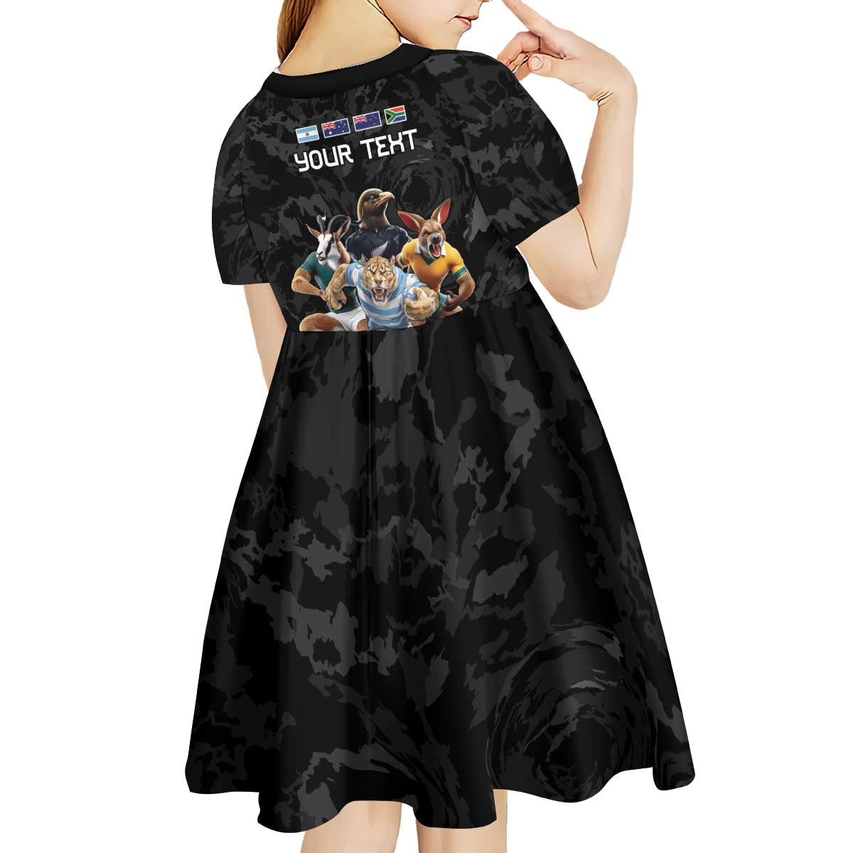Custom Rugby Southern Hemisphere Kid Short Sleeve Dress Argentina AUNZ South Africa Mascot Black - Polynesian Pride