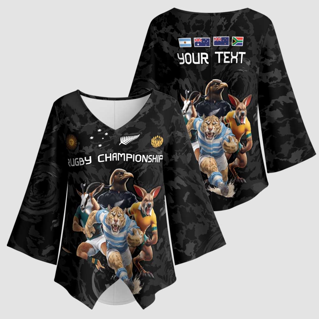 Custom Rugby Southern Hemisphere Kimono Sleeve Blouse Argentina AUNZ South Africa Mascot Black - Polynesian Pride