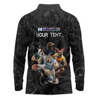 Custom Rugby Southern Hemisphere Long Sleeve Polo Shirt Argentina AUNZ South Africa Mascot Black - Polynesian Pride