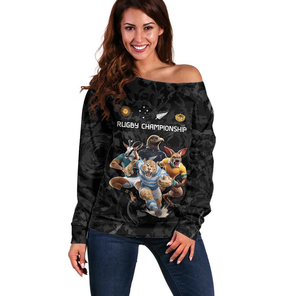 Custom Rugby Southern Hemisphere Off Shoulder Sweater Argentina AUNZ South Africa Mascot Black - Polynesian Pride