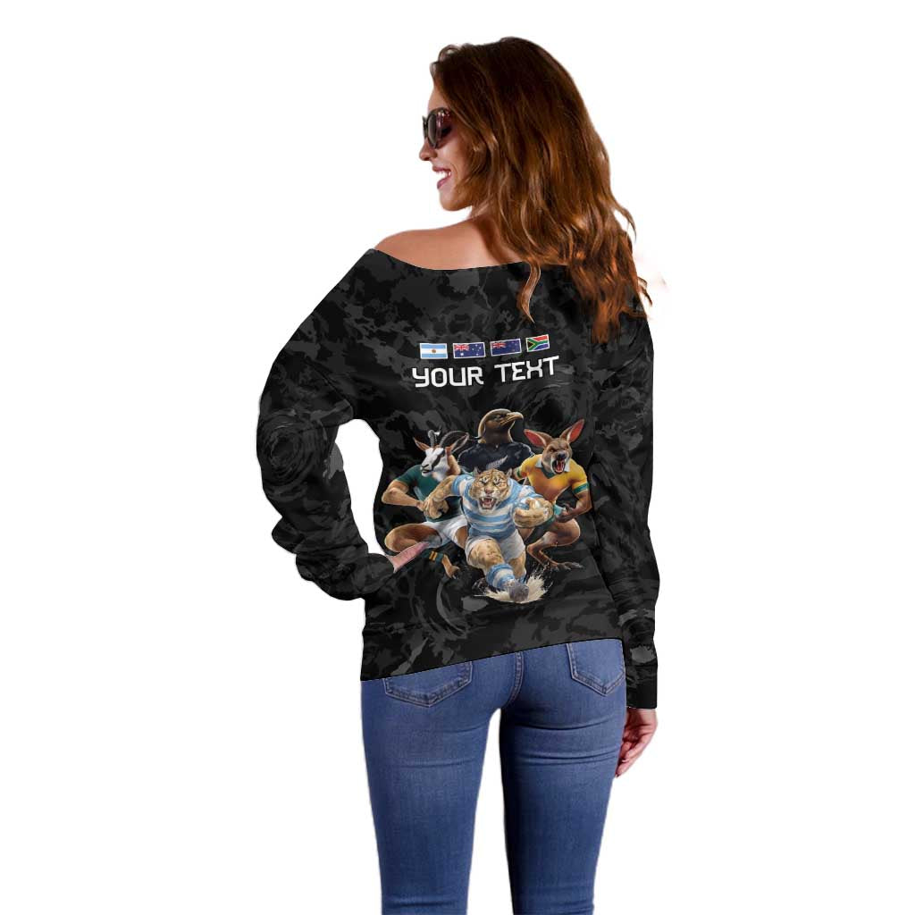 Custom Rugby Southern Hemisphere Off Shoulder Sweater Argentina AUNZ South Africa Mascot Black - Polynesian Pride
