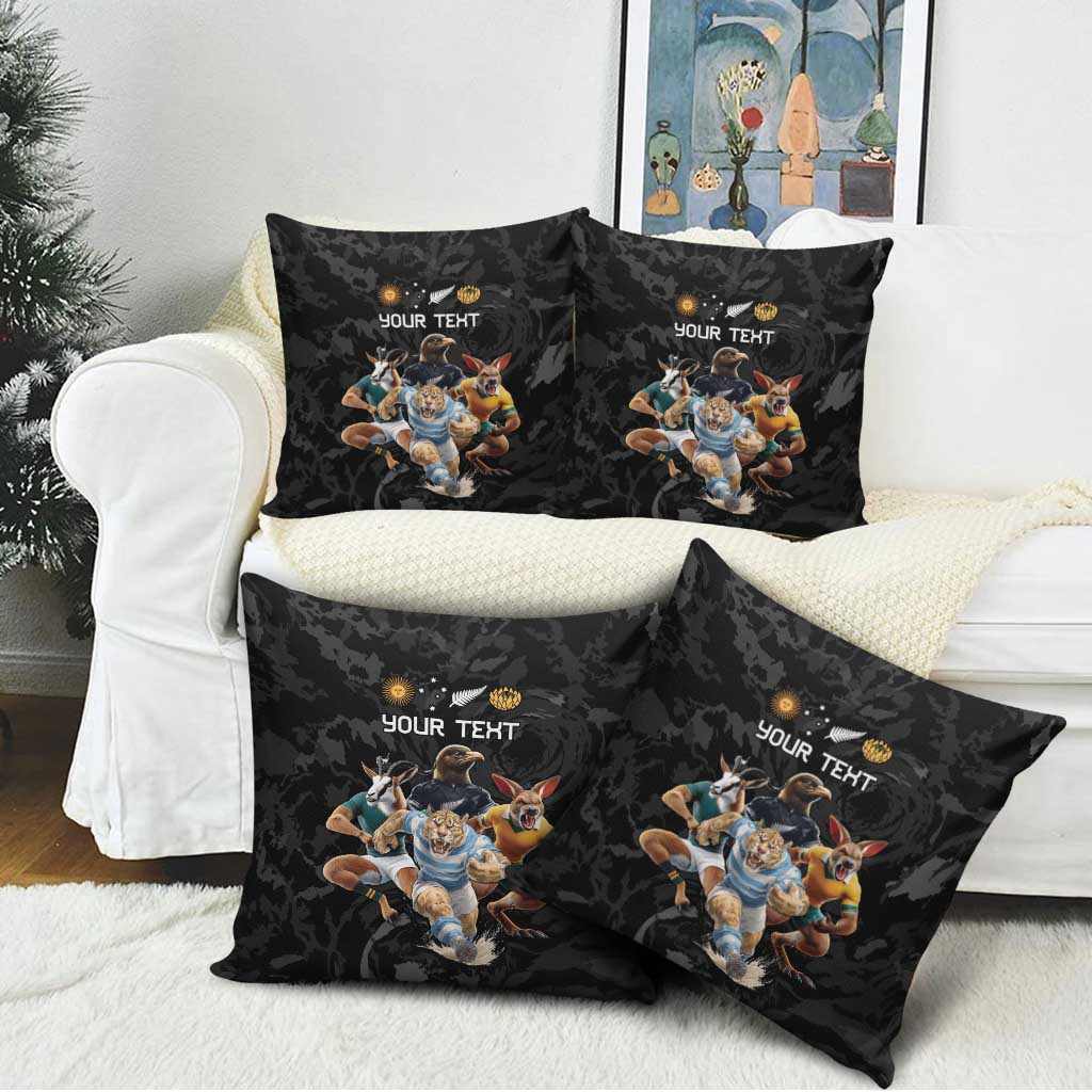 Custom Rugby Southern Hemisphere Pillow Cover Argentina AUNZ South Africa Mascot Black - Polynesian Pride