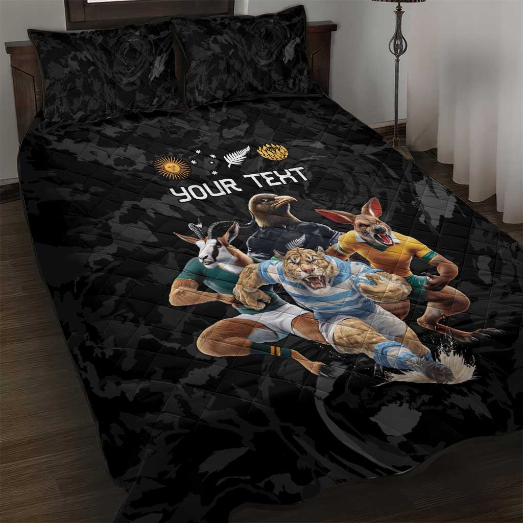 Custom Rugby Southern Hemisphere Quilt Bed Set Argentina AUNZ South Africa Mascot Black - Polynesian Pride