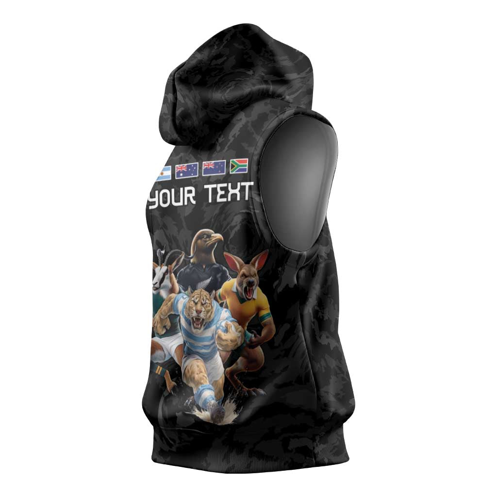 Custom Rugby Southern Hemisphere Sleeveless Hoodie Argentina AUNZ South Africa Mascot Black - Polynesian Pride