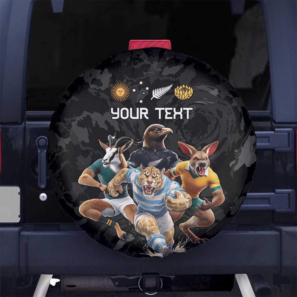 Custom Rugby Southern Hemisphere Spare Tire Cover Argentina AUNZ South Africa Mascot Black - Polynesian Pride
