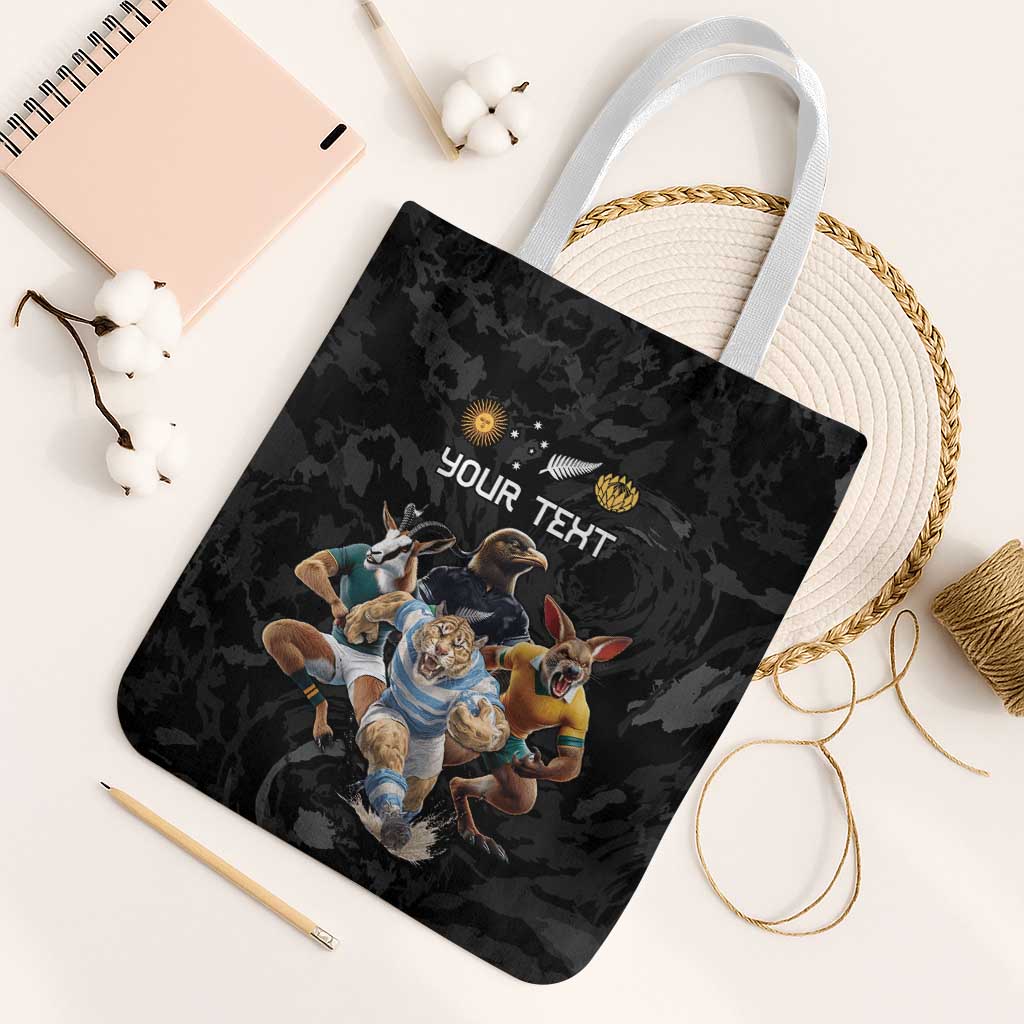 Custom Rugby Southern Hemisphere Tote Bag Argentina AUNZ South Africa Mascot Black - Polynesian Pride