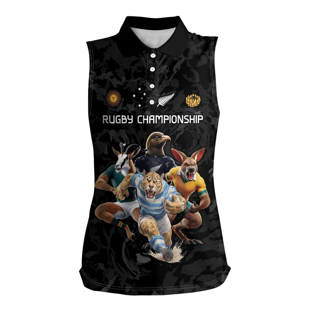 Custom Rugby Southern Hemisphere Women Sleeveless Polo Shirt Argentina AUNZ South Africa Mascot Black - Polynesian Pride