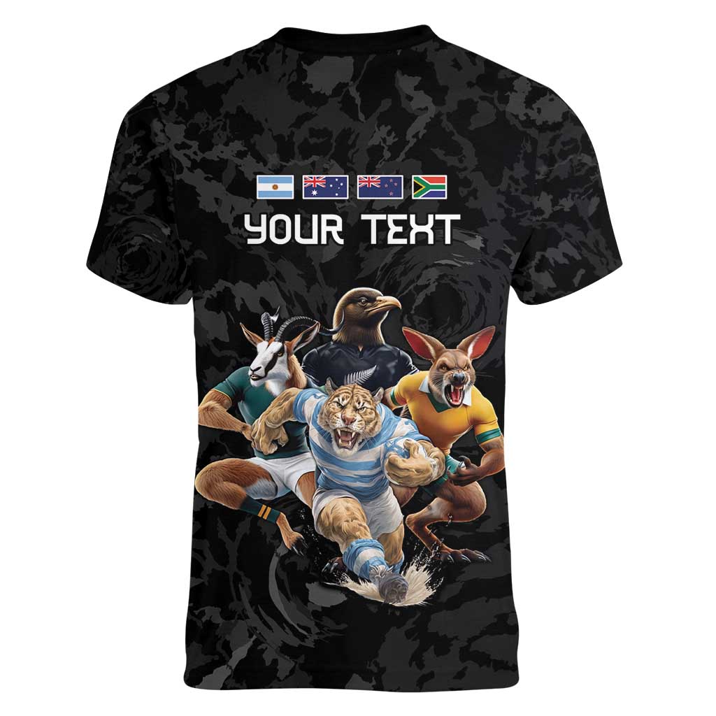 Custom Rugby Southern Hemisphere Women V-Neck T-Shirt Argentina AUNZ South Africa Mascot Black LT9 - Polynesian Pride