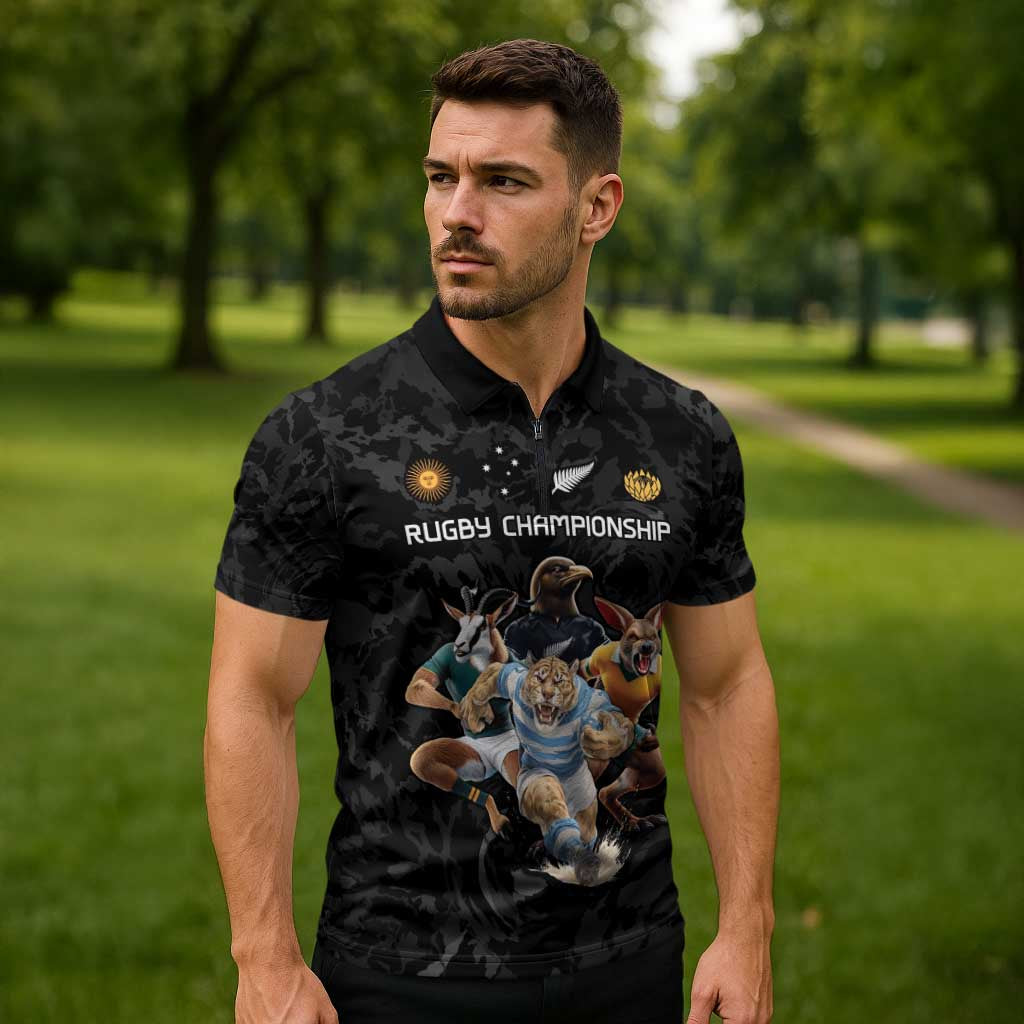 Custom Rugby Southern Hemisphere Zipper Polo Shirt Argentina AUNZ South Africa Mascot Black - Polynesian Pride