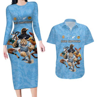 Custom Rugby Southern Hemisphere Couples Matching Long Sleeve Bodycon Dress and Hawaiian Shirt Argentina AUNZ South Africa Mascot Blue LT9 Blue - Polynesian Pride