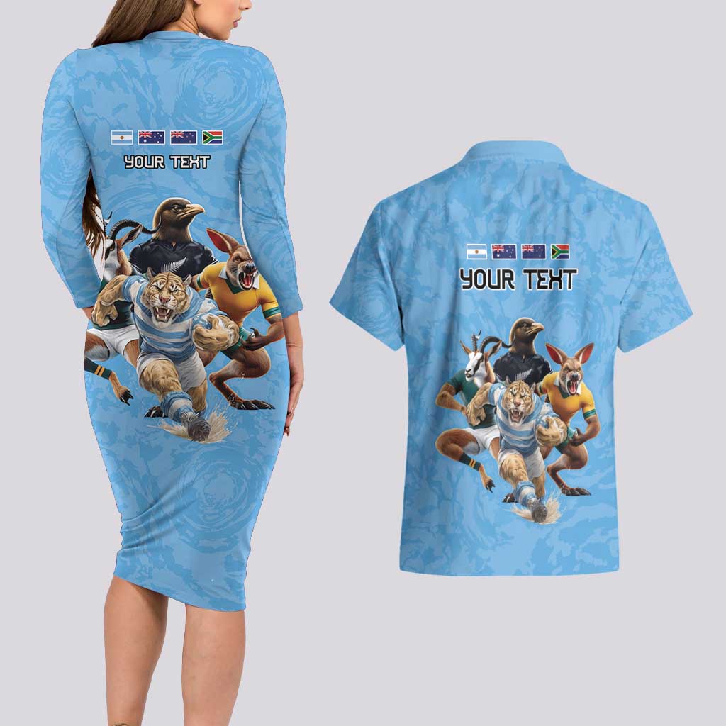 Custom Rugby Southern Hemisphere Couples Matching Long Sleeve Bodycon Dress and Hawaiian Shirt Argentina AUNZ South Africa Mascot Blue LT9 - Polynesian Pride