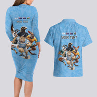 Custom Rugby Southern Hemisphere Couples Matching Long Sleeve Bodycon Dress and Hawaiian Shirt Argentina AUNZ South Africa Mascot Blue LT9 - Polynesian Pride
