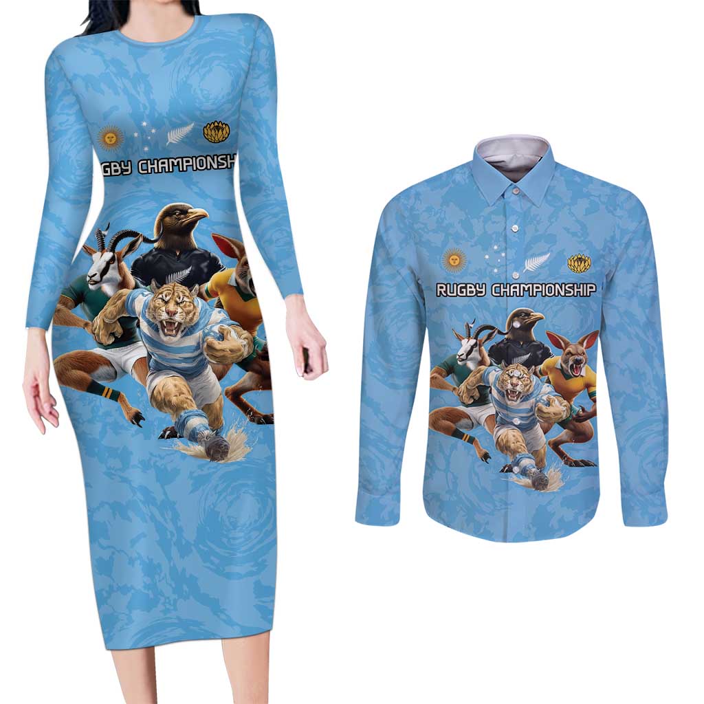 Custom Rugby Southern Hemisphere Couples Matching Long Sleeve Bodycon Dress and Long Sleeve Button Shirt Argentina AUNZ South Africa Mascot Blue LT9 Blue - Polynesian Pride