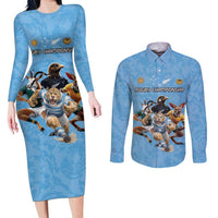 Custom Rugby Southern Hemisphere Couples Matching Long Sleeve Bodycon Dress and Long Sleeve Button Shirt Argentina AUNZ South Africa Mascot Blue LT9 Blue - Polynesian Pride