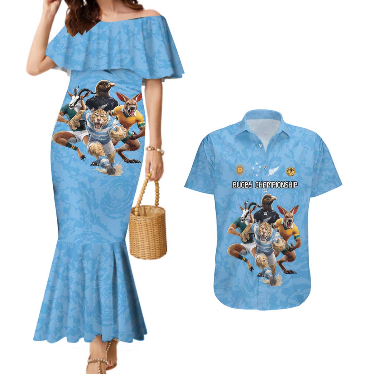 Custom Rugby Southern Hemisphere Couples Matching Mermaid Dress and Hawaiian Shirt Argentina AUNZ South Africa Mascot Blue LT9 Blue - Polynesian Pride