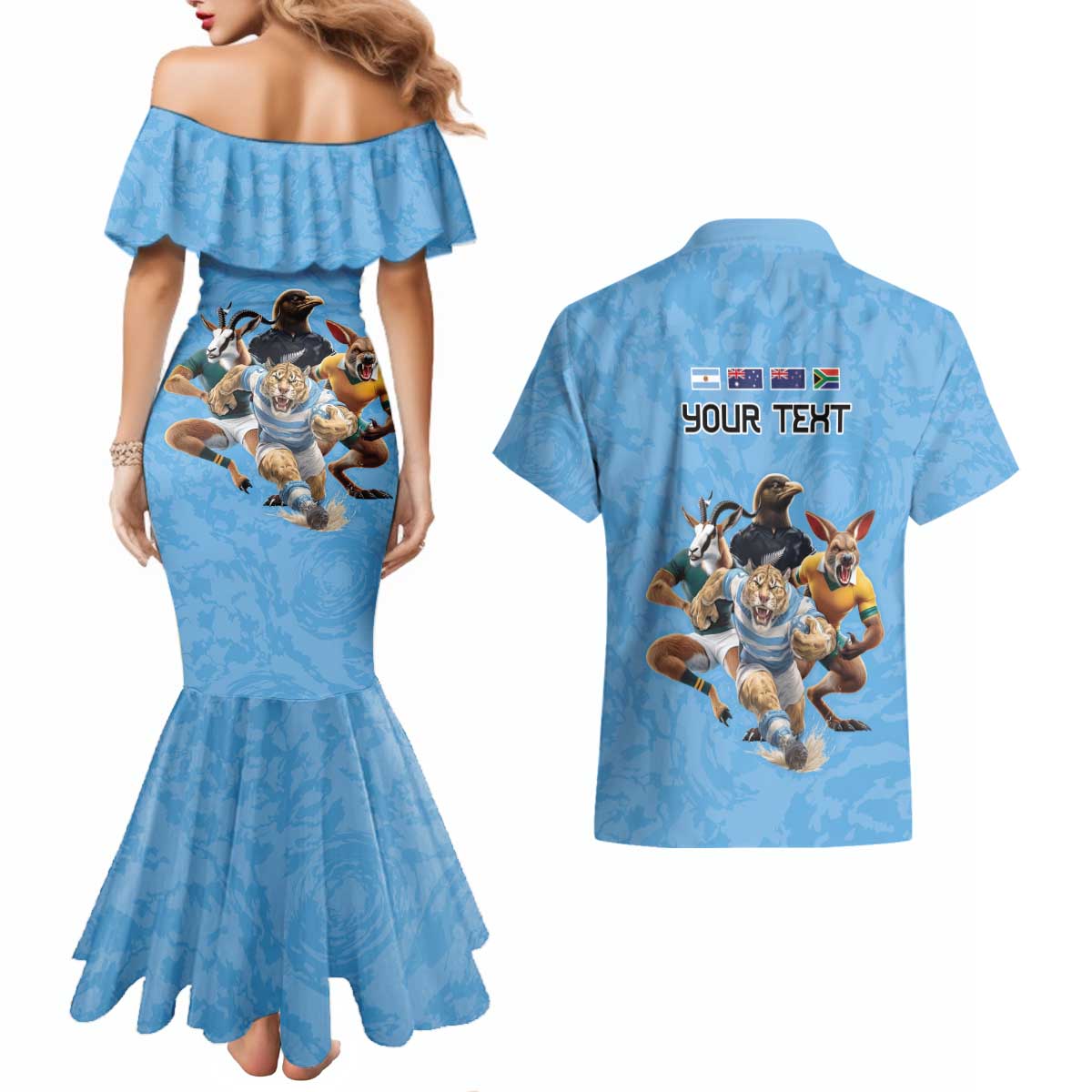 Custom Rugby Southern Hemisphere Couples Matching Mermaid Dress and Hawaiian Shirt Argentina AUNZ South Africa Mascot Blue LT9 - Polynesian Pride
