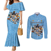 Custom Rugby Southern Hemisphere Couples Matching Mermaid Dress and Long Sleeve Button Shirt Argentina AUNZ South Africa Mascot Blue LT9 Blue - Polynesian Pride