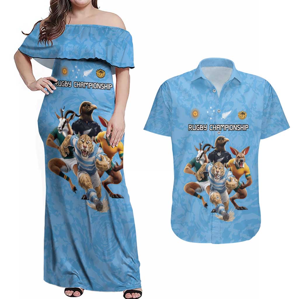 Custom Rugby Southern Hemisphere Couples Matching Off Shoulder Maxi Dress and Hawaiian Shirt Argentina AUNZ South Africa Mascot Blue LT9 Blue - Polynesian Pride
