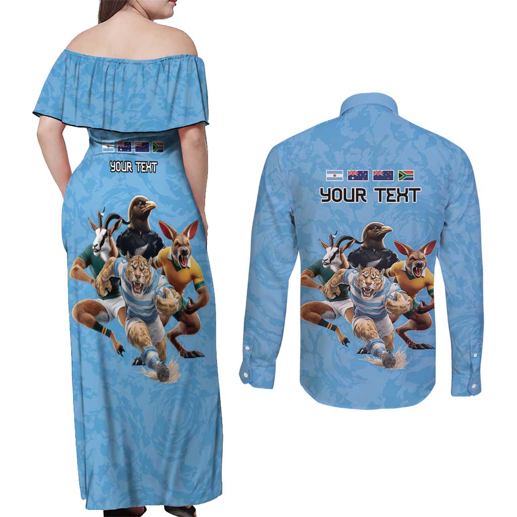 Custom Rugby Southern Hemisphere Couples Matching Off Shoulder Maxi Dress and Long Sleeve Button Shirt Argentina AUNZ South Africa Mascot Blue LT9 - Polynesian Pride