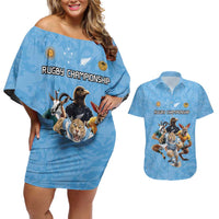 Custom Rugby Southern Hemisphere Couples Matching Off Shoulder Short Dress and Hawaiian Shirt Argentina AUNZ South Africa Mascot Blue LT9 Blue - Polynesian Pride