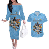 Custom Rugby Southern Hemisphere Couples Matching Off The Shoulder Long Sleeve Dress and Hawaiian Shirt Argentina AUNZ South Africa Mascot Blue LT9 Blue - Polynesian Pride