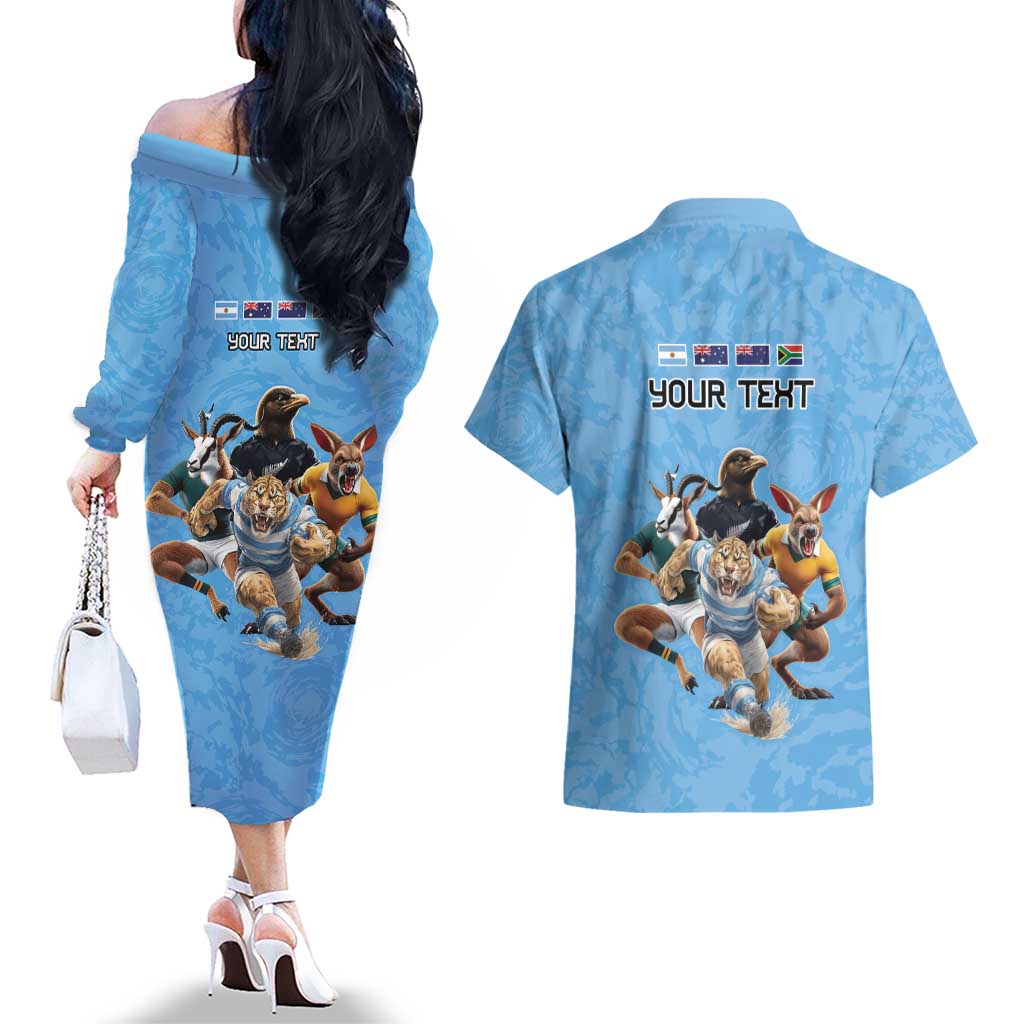 Custom Rugby Southern Hemisphere Couples Matching Off The Shoulder Long Sleeve Dress and Hawaiian Shirt Argentina AUNZ South Africa Mascot Blue LT9 - Polynesian Pride