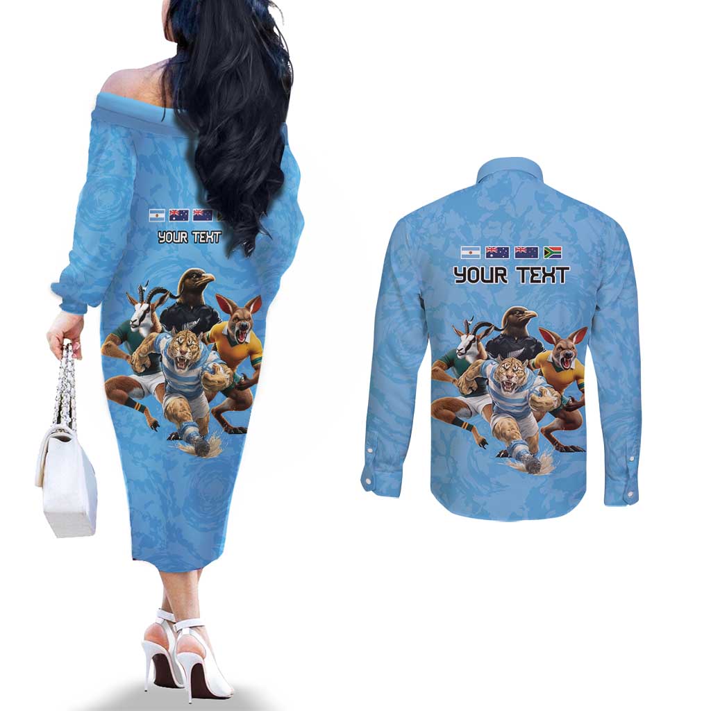 Custom Rugby Southern Hemisphere Couples Matching Off The Shoulder Long Sleeve Dress and Long Sleeve Button Shirt Argentina AUNZ South Africa Mascot Blue LT9 - Polynesian Pride