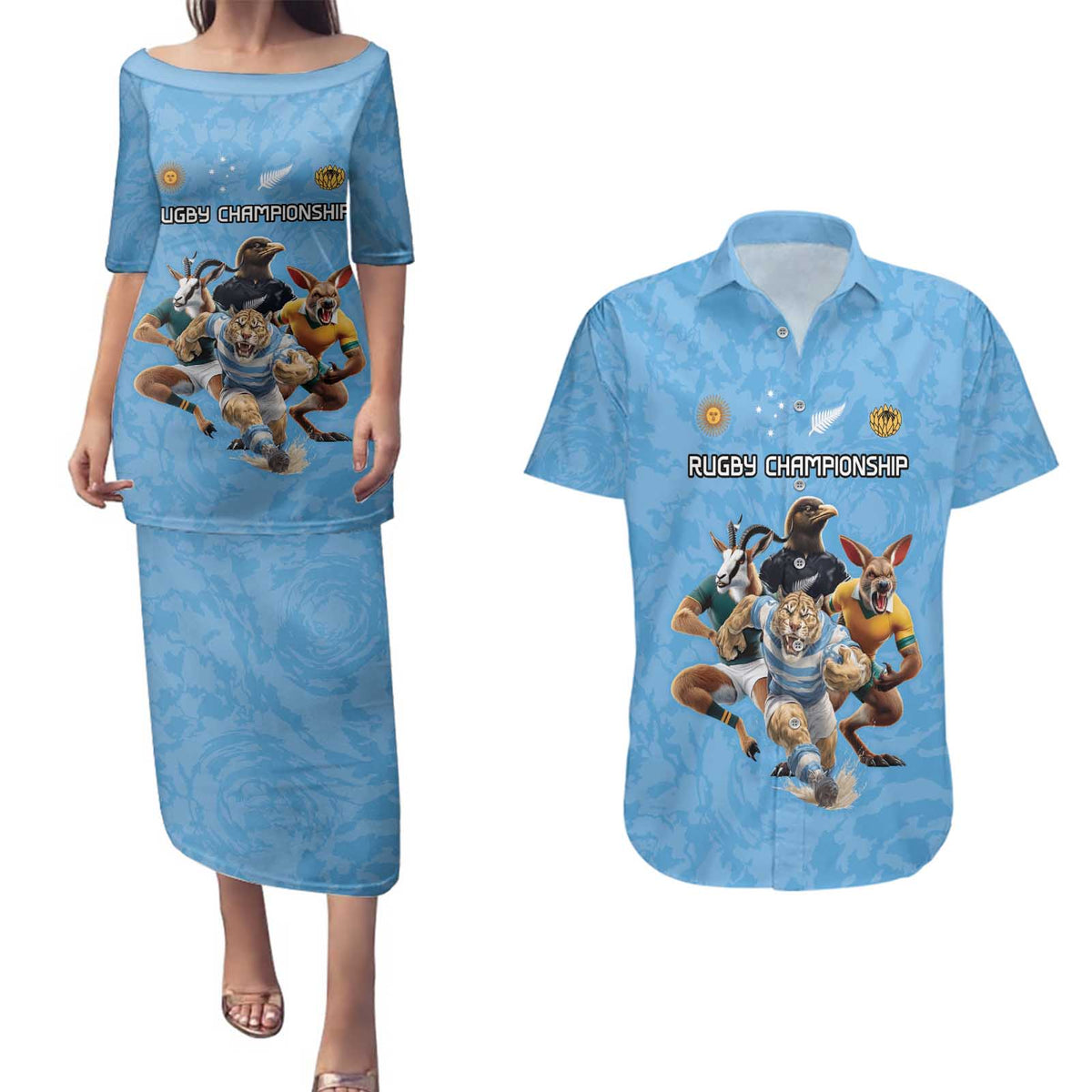Custom Rugby Southern Hemisphere Couples Matching Puletasi and Hawaiian Shirt Argentina AUNZ South Africa Mascot Blue LT9 Blue - Polynesian Pride