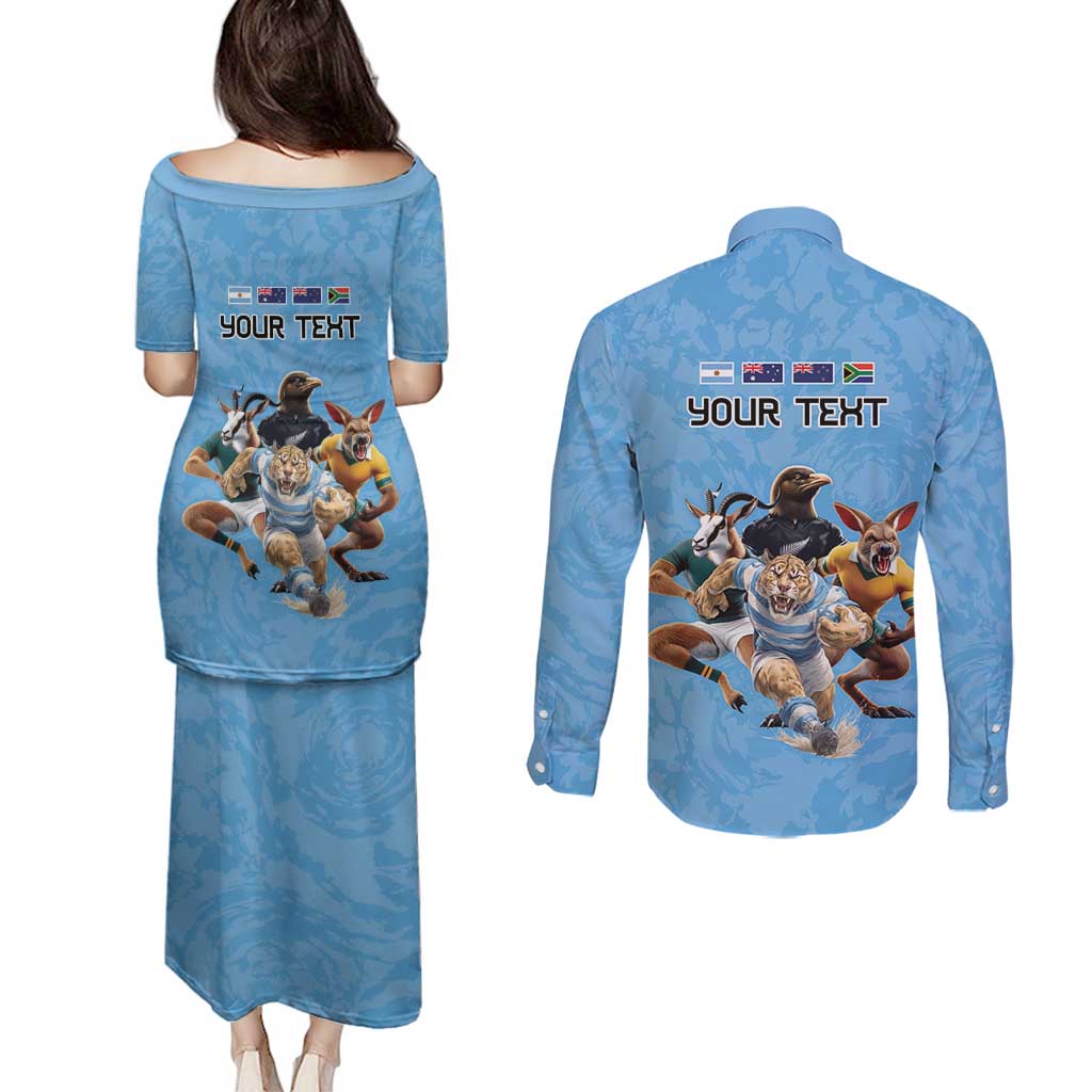 Custom Rugby Southern Hemisphere Couples Matching Puletasi and Long Sleeve Button Shirt Argentina AUNZ South Africa Mascot Blue - Polynesian Pride