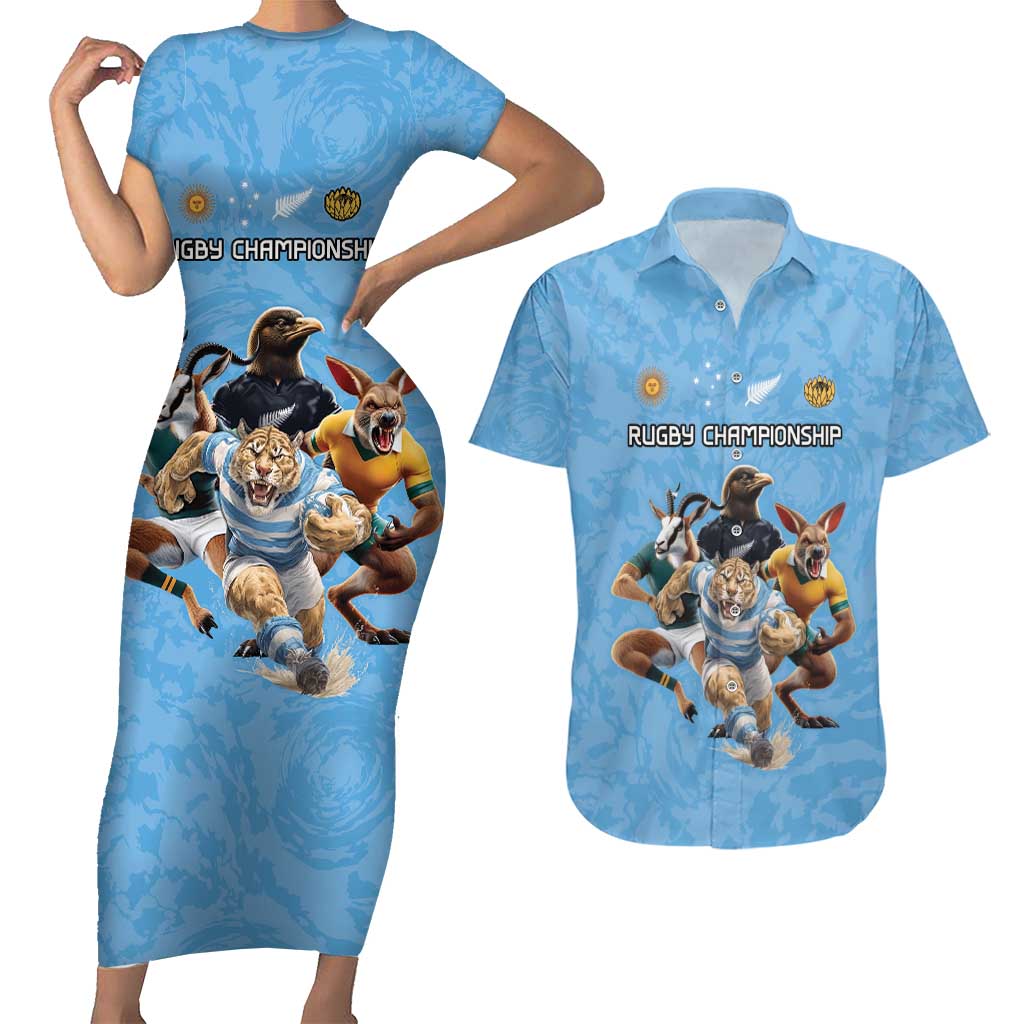 Custom Rugby Southern Hemisphere Couples Matching Short Sleeve Bodycon Dress and Hawaiian Shirt Argentina AUNZ South Africa Mascot Blue LT9 Blue - Polynesian Pride