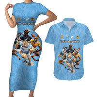 Custom Rugby Southern Hemisphere Couples Matching Short Sleeve Bodycon Dress and Hawaiian Shirt Argentina AUNZ South Africa Mascot Blue LT9 Blue - Polynesian Pride