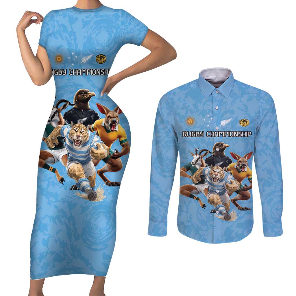 Custom Rugby Southern Hemisphere Couples Matching Short Sleeve Bodycon Dress and Long Sleeve Button Shirt Argentina AUNZ South Africa Mascot Blue LT9 Blue - Polynesian Pride