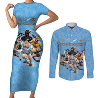 Custom Rugby Southern Hemisphere Couples Matching Short Sleeve Bodycon Dress and Long Sleeve Button Shirt Argentina AUNZ South Africa Mascot Blue LT9 Blue - Polynesian Pride