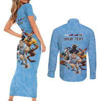 Custom Rugby Southern Hemisphere Couples Matching Short Sleeve Bodycon Dress and Long Sleeve Button Shirt Argentina AUNZ South Africa Mascot Blue LT9 - Polynesian Pride