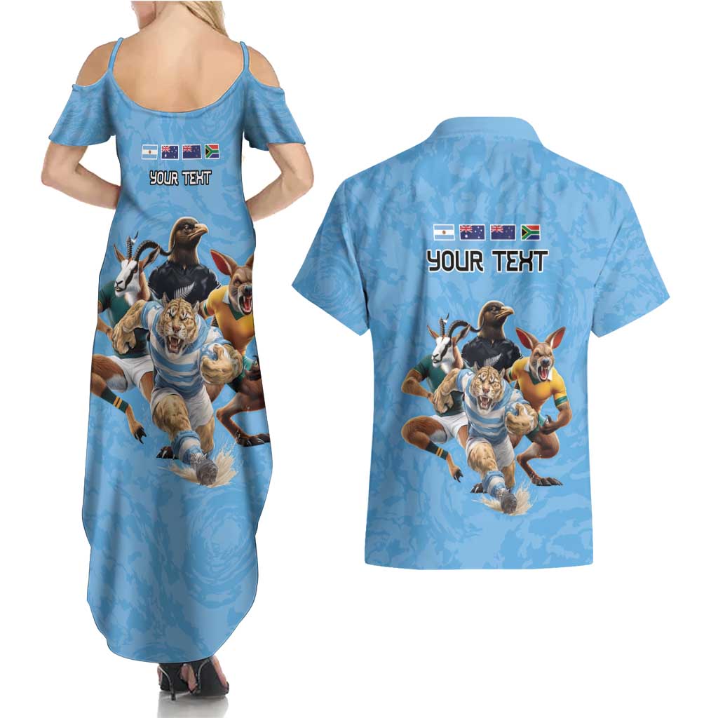 Custom Rugby Southern Hemisphere Couples Matching Summer Maxi Dress and Hawaiian Shirt Argentina AUNZ South Africa Mascot Blue LT9 - Polynesian Pride