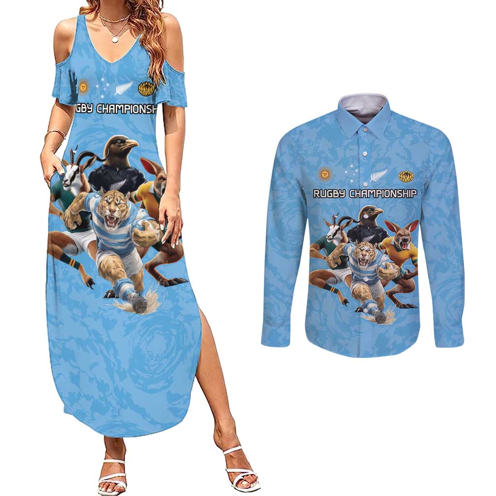 Custom Rugby Southern Hemisphere Couples Matching Summer Maxi Dress and Long Sleeve Button Shirt Argentina AUNZ South Africa Mascot Blue LT9 Blue - Polynesian Pride