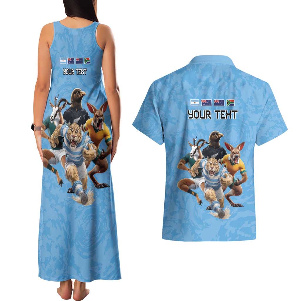 Custom Rugby Southern Hemisphere Couples Matching Tank Maxi Dress and Hawaiian Shirt Argentina AUNZ South Africa Mascot Blue LT9 - Polynesian Pride