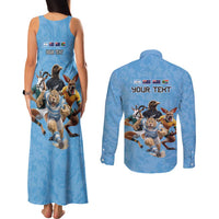 Custom Rugby Southern Hemisphere Couples Matching Tank Maxi Dress and Long Sleeve Button Shirt Argentina AUNZ South Africa Mascot Blue LT9 - Polynesian Pride